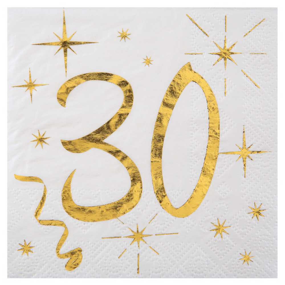 Serviettes en papier 30 ans, déco de table anniversaire blanc & or